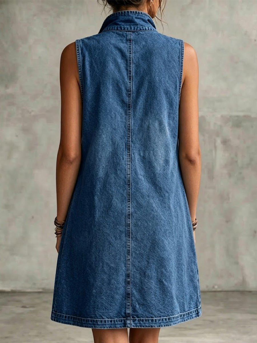 Vestito corto senza maniche in denim lavato con collo alla coreana, mezza cerniera, stampa leopardata e tasca a toppa, modello ampio.