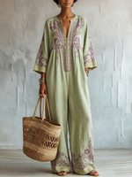 Boho-Chic Jumpsuit aus Baumwoll-Leinen in Salbeigrün