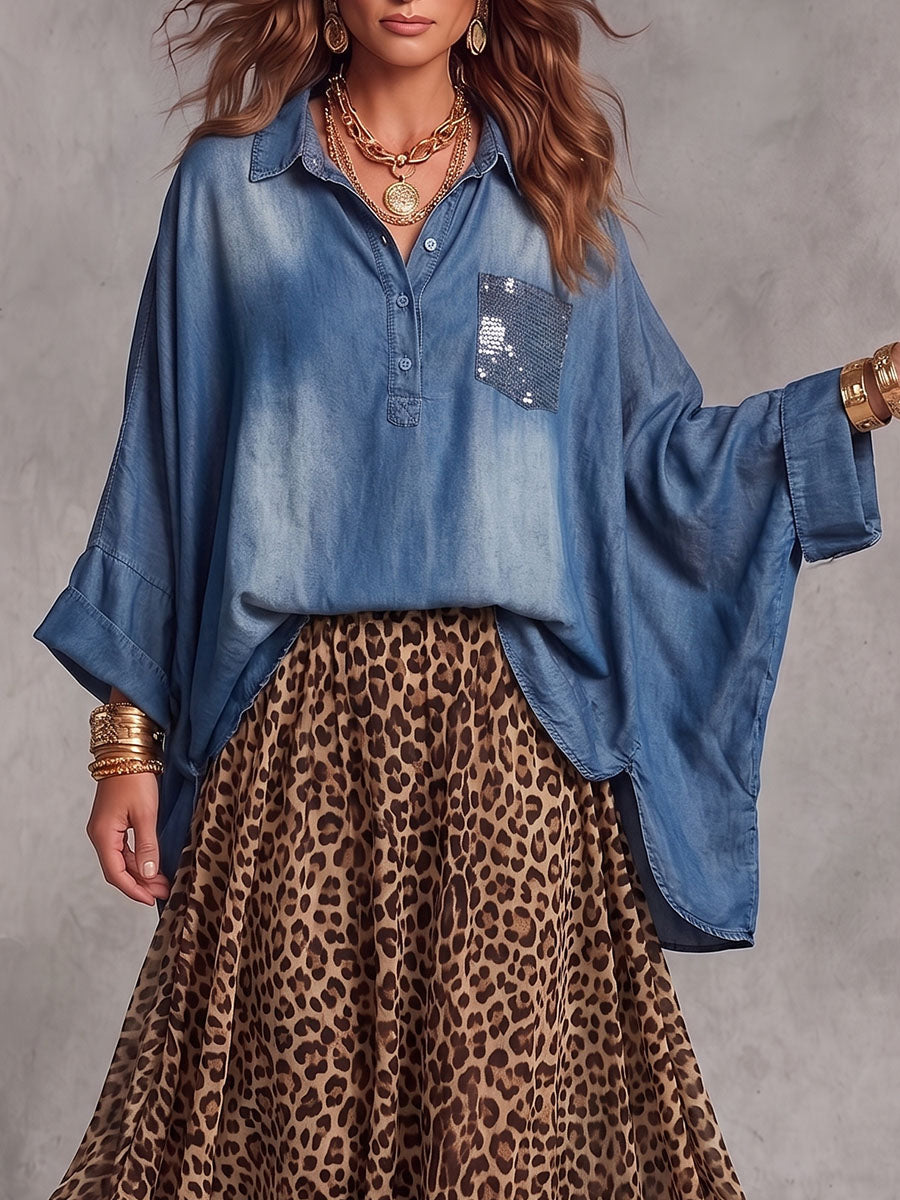 Camicia Irregolare Vintage Elegante con Tasche in Denim Patchwork