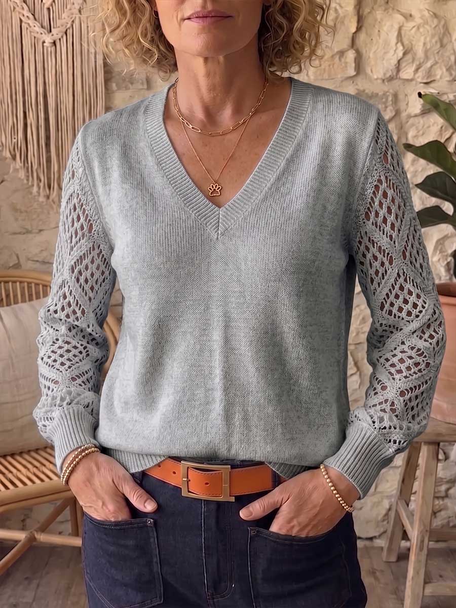 Damtröja med V-ringning, långärmad, enfärgad, avslappnad, lös passform med utskärning, stickad pullover