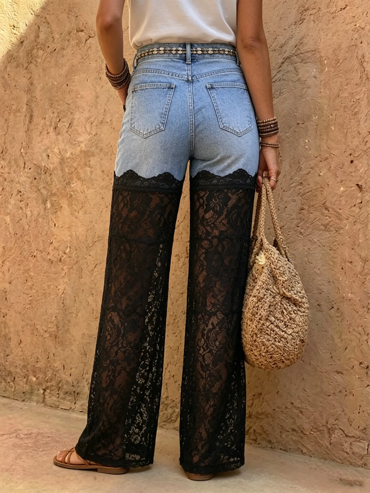Jeans rectos de encaje con patchwork para mujer