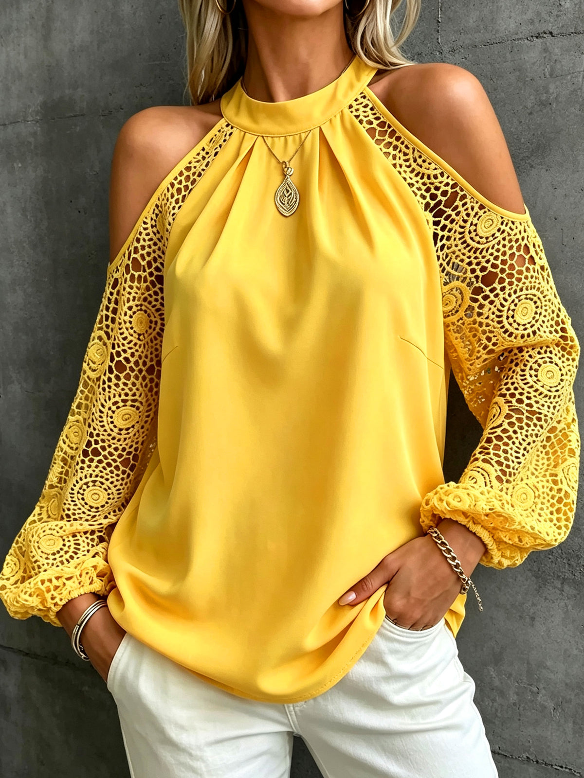 Blusa de manga larga con hombros descubiertos, encaje de ganchillo y manga abullonada para mujer