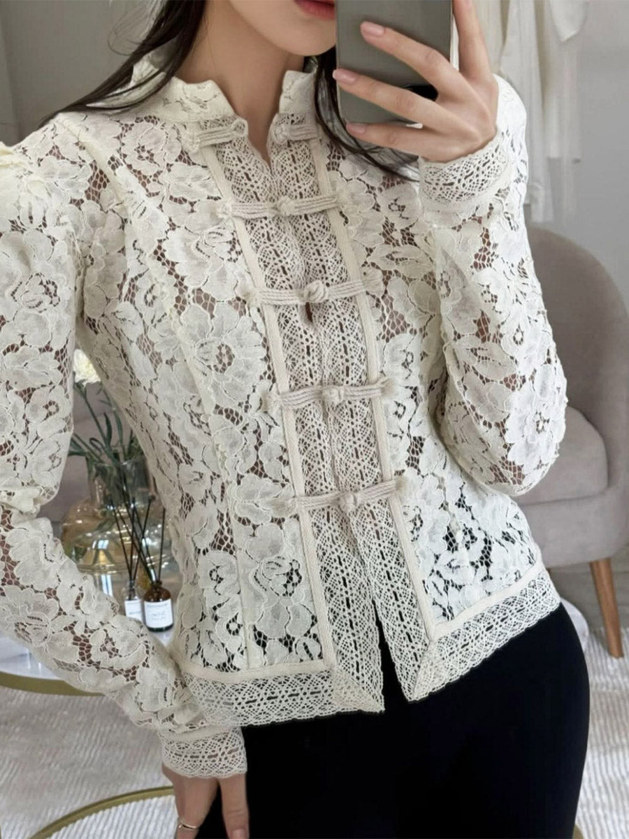 Damen Retro Blumen Spitzen Hohles Kunst Freizeit Stilvolles Langarmshirt