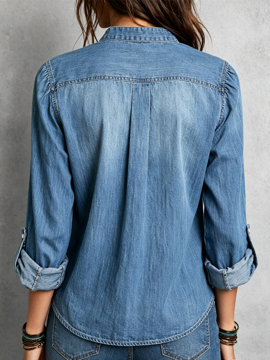 Klassisches Denim-Langarmhemd mit lockerem Schnitt, Stehkragen und lässigem Stil