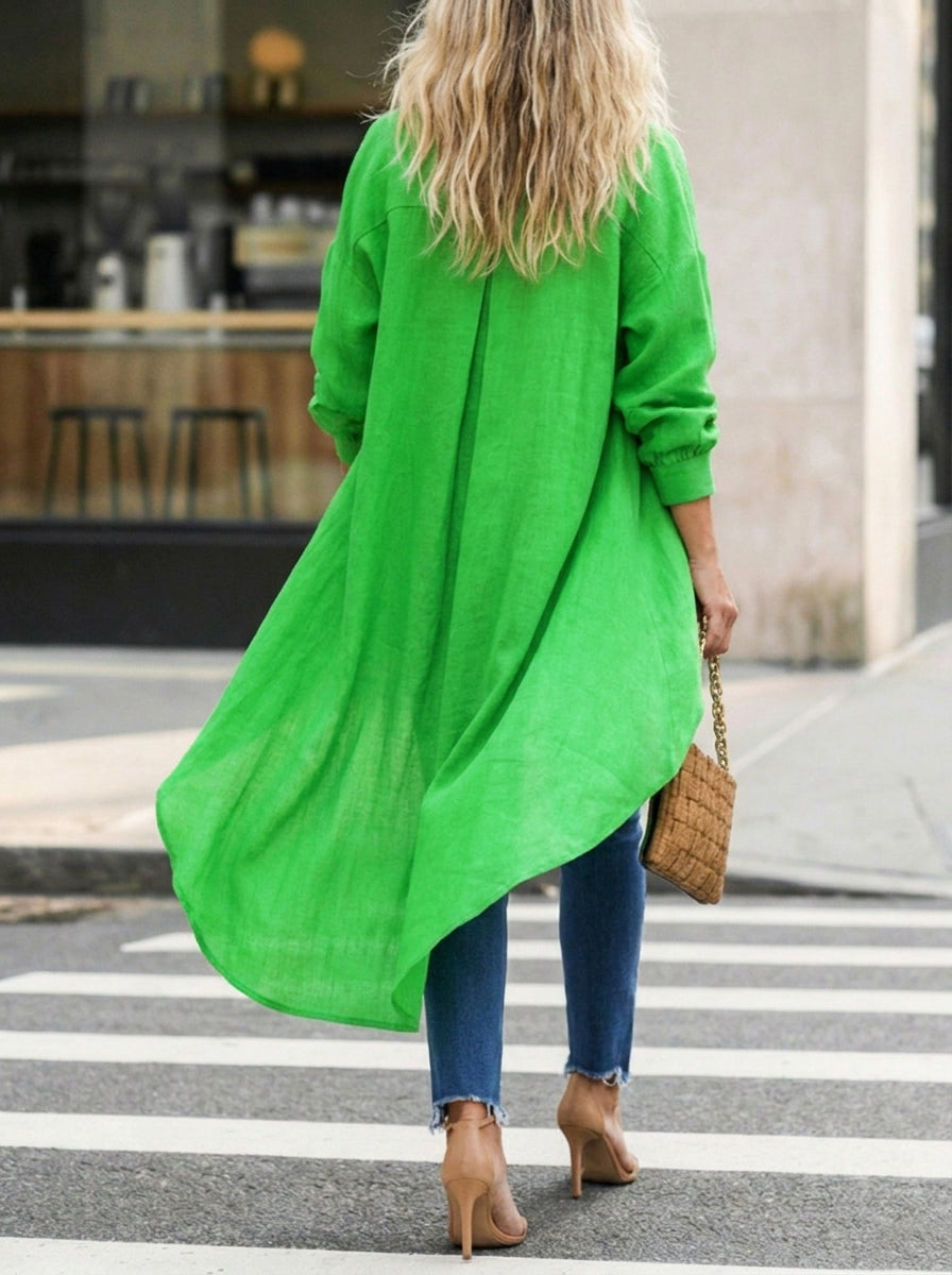 Tunique chemise longue en coton-lin oversize à ourlet asymétrique pour femmes