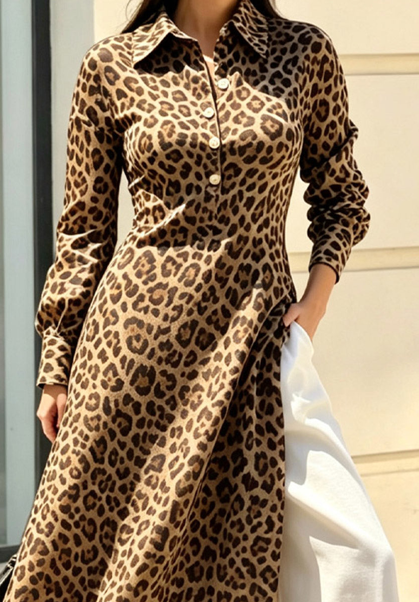 Retro Leopardenmuster Kunst Langarm Freizeit Stilvoller Hemdbluse mit Reverskragen
