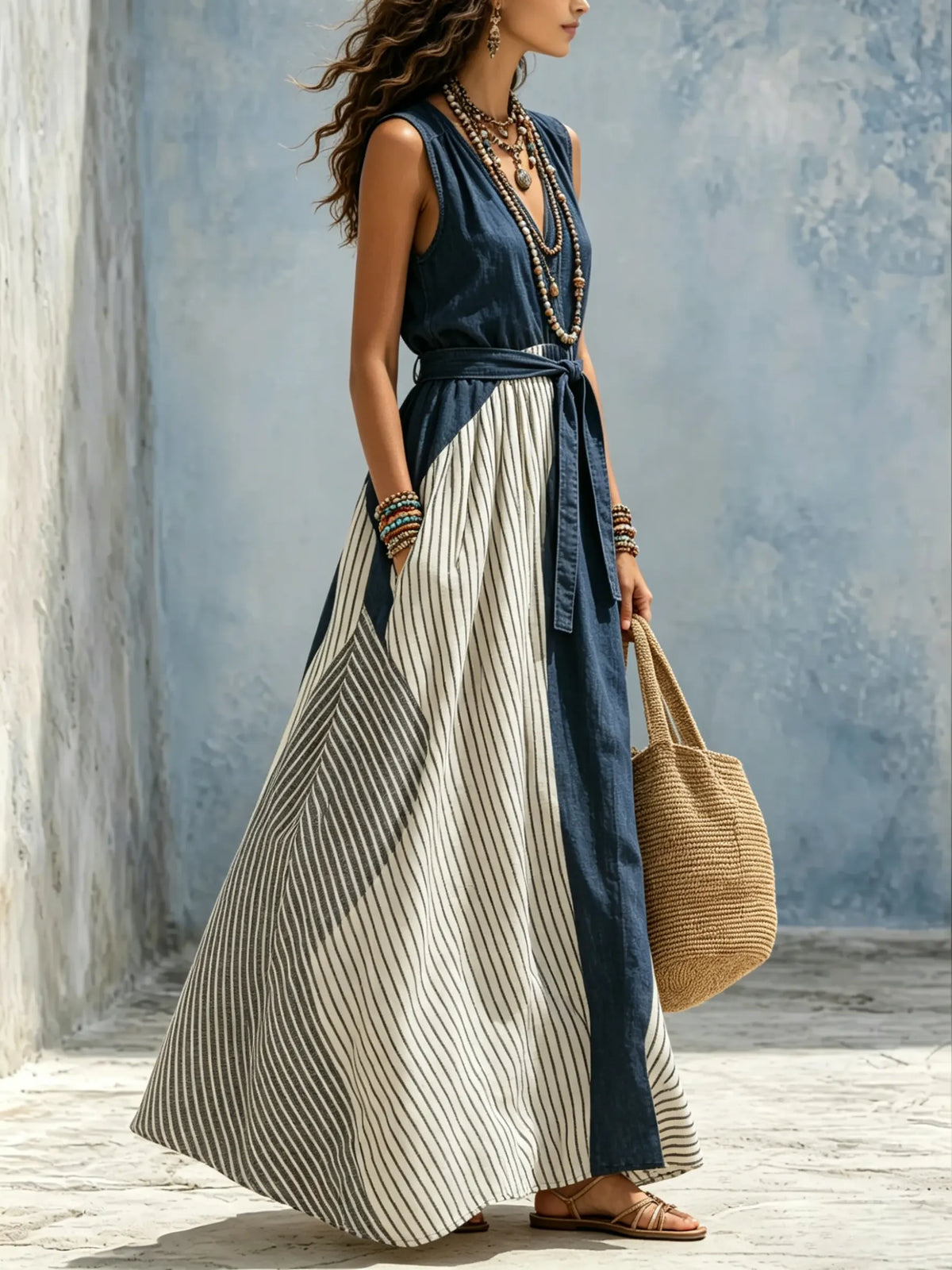 Maxikleid für Damen mit vertikalen Streifen, Colorblock-Design, V-Ausschnitt, ärmellos und Taillengürtel aus Denim