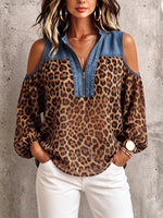 Camicia casual in chiffon con pannelli in denim e stampa leopardata