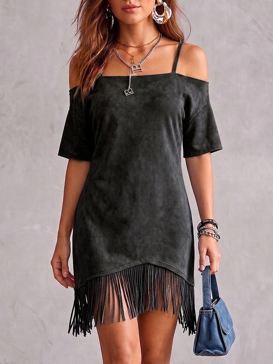 Vestito casual da donna in camoscio, tinta unita, maniche corte, ampio, con nappine
