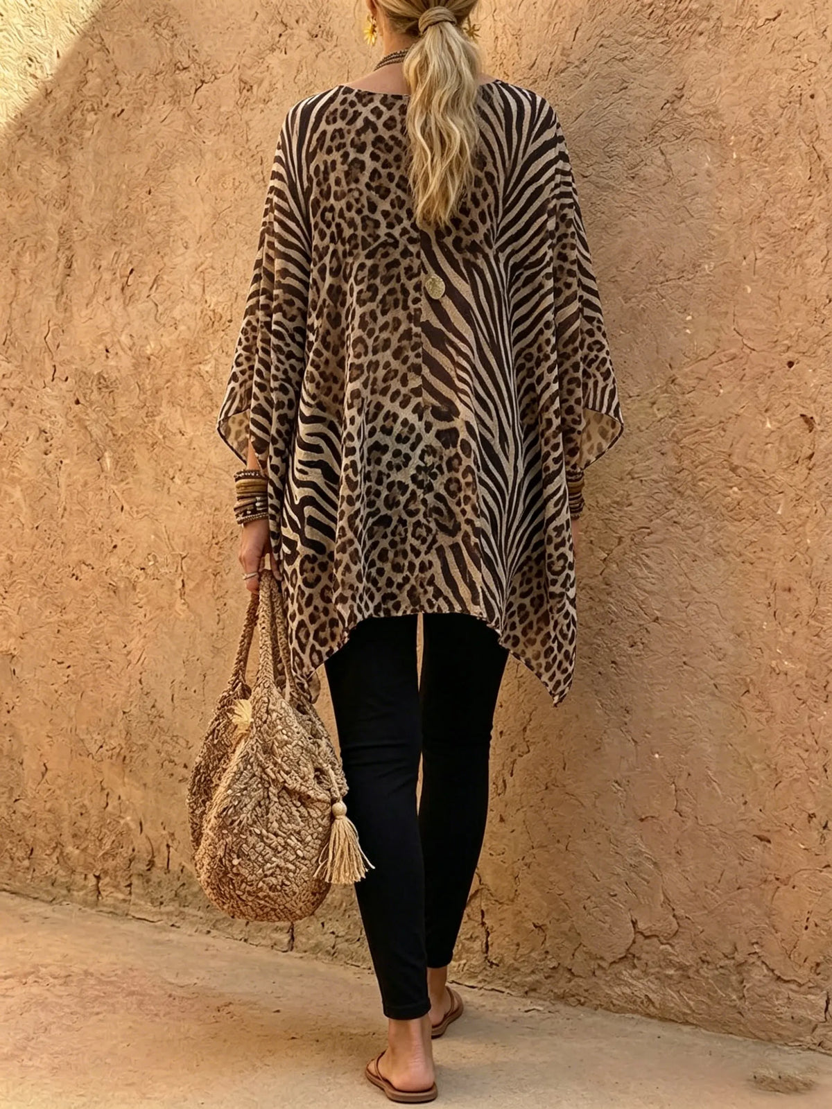 Top poncho para mujer con estampado animal y escote en V