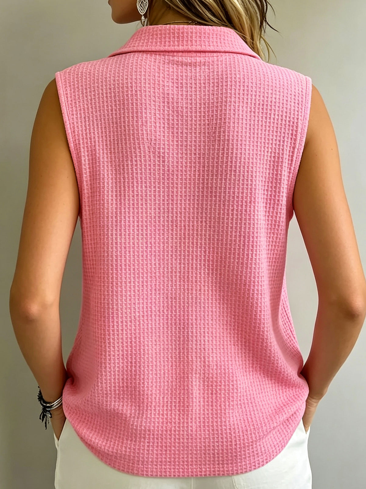 Damen Waffelstrick Poloshirt-Top ohne Ärmel mit halber Knopfleiste und Kragen