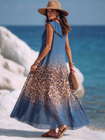Vestito blu con scollo a V, volant e stampa leopardata sexy per feste in vacanza