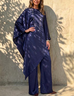 Ensemble deux pièces en satin pour femme, comprenant un haut long asymétrique à manches châle et un pantalon large