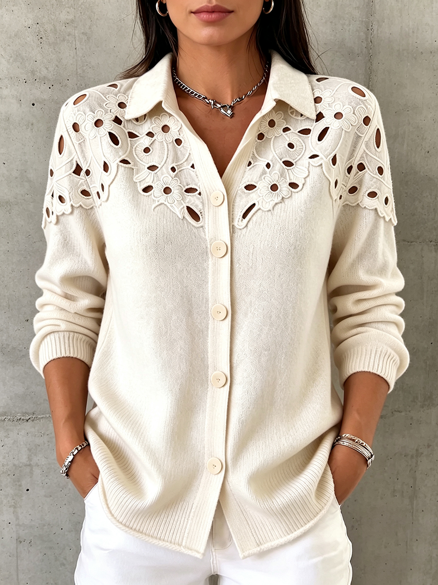 Elegantes, schickes Strickoberteil mit Blumen-Ausschnittmuster