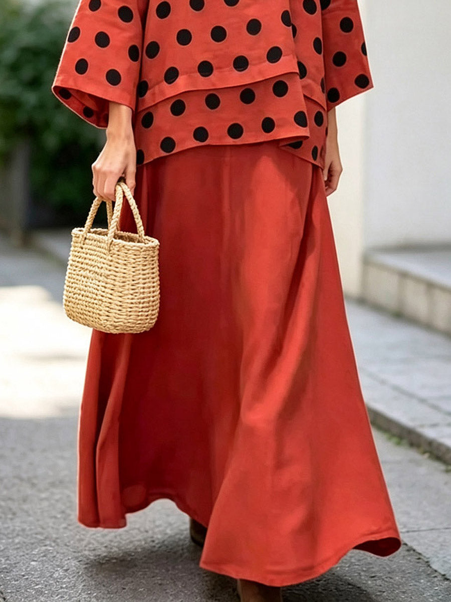 Conjunto de dos piezas de algodón y lino con top casual de cuello drapeado y falda de lunares retro