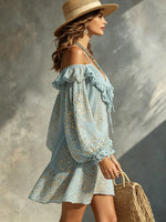 Damen Mini-Strandkleid mit Goldfolie, Leopardenmuster, Rüschen, schulterfrei und Puffärmeln