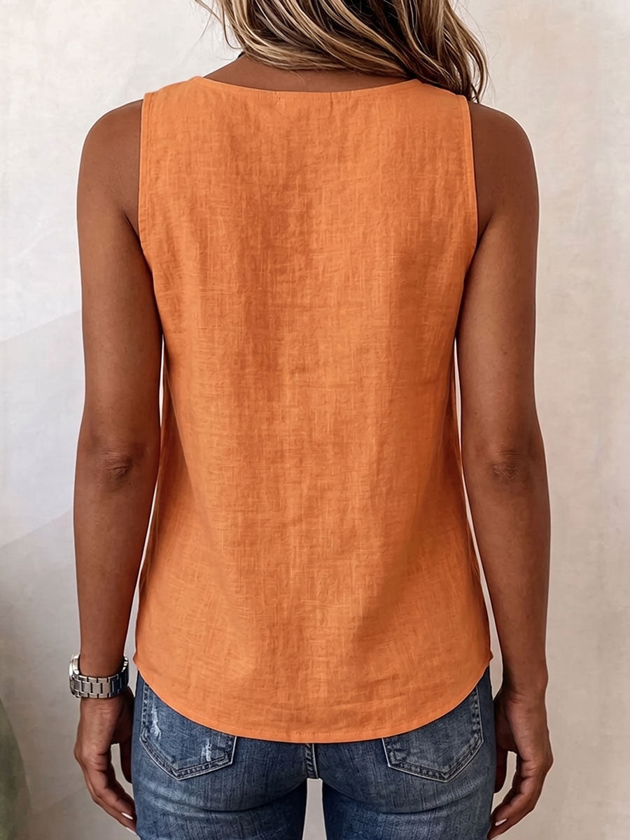 Top casual da donna in cotone e lino, senza maniche, scollo a V, tinta unita, vestibilità ampia