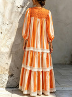 Robe maxi décontractée pour femme, rayée, ample, style artistique, col en V, manches 3/4, élégante