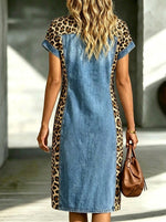 Vestito midi in denim da donna con colletto, maniche a cappuccio e patchwork leopardato