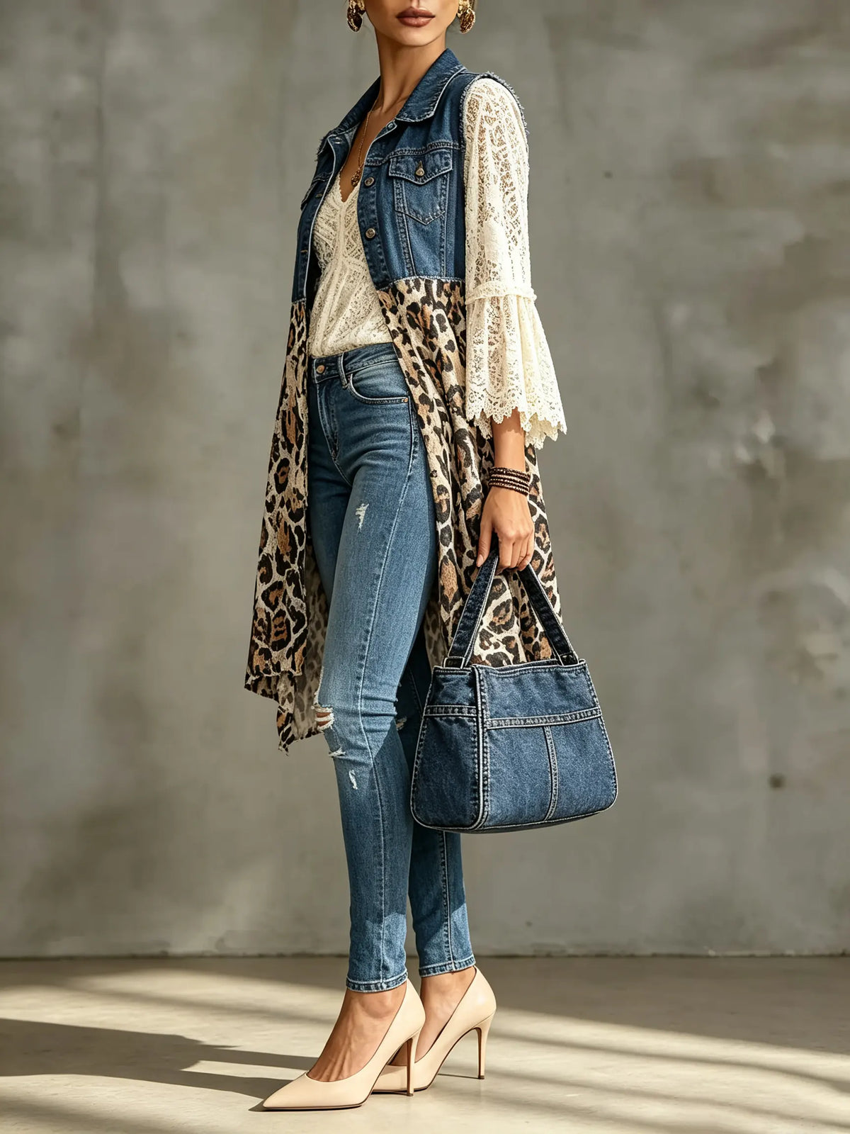 Chaleco largo de mezclilla para mujer con encaje y estampado de leopardo combinado