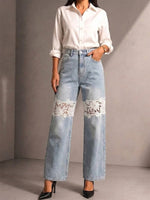 Waschbare High Waist Straight Wide Leg Jeanshose mit doppeltem Knie, weißem Blumenmuster, durchbrochener Spitzenverzierung und Drapierung