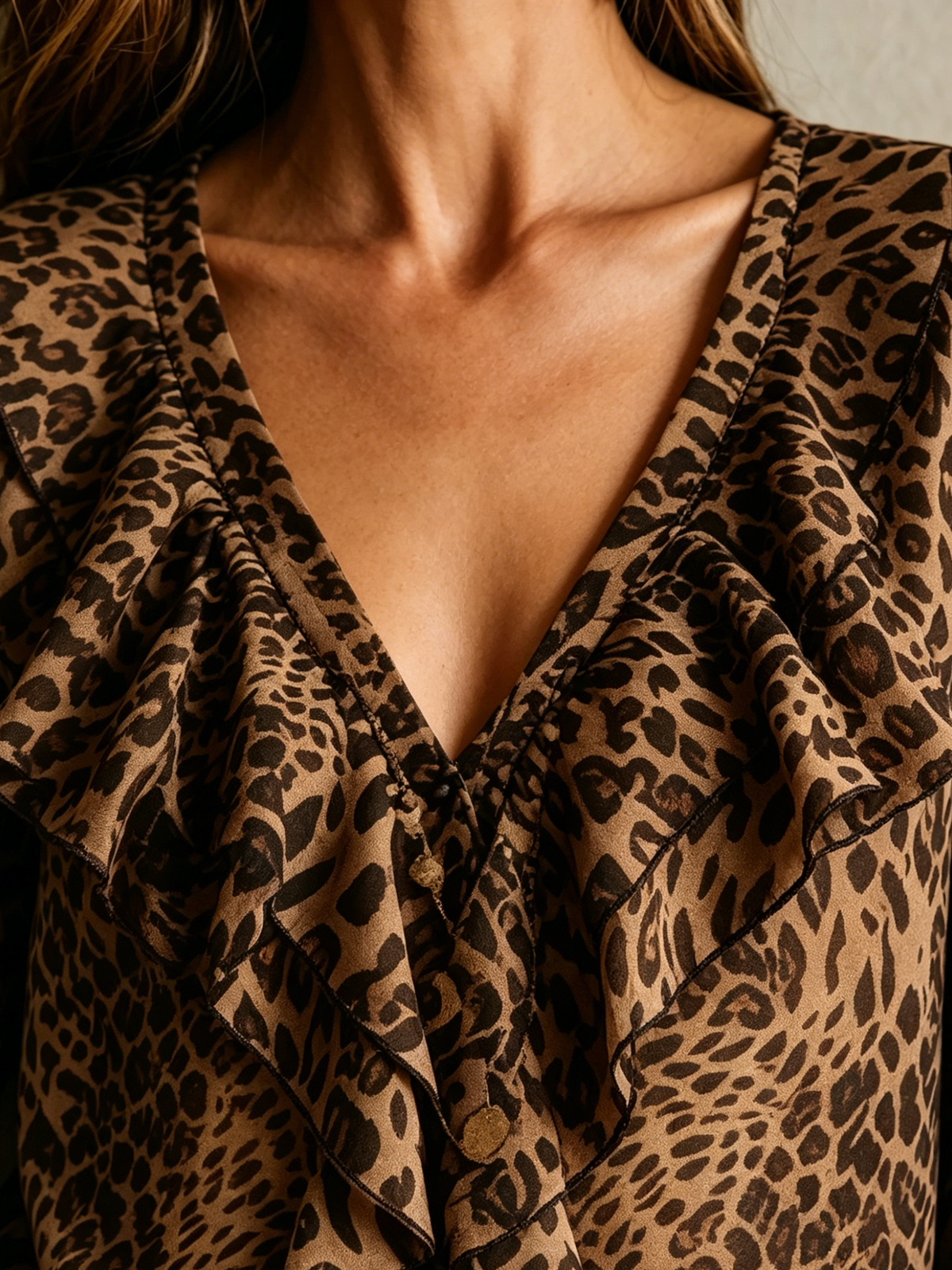 Blusa de gasa con volantes y estampado de leopardo para mujer con escote en V