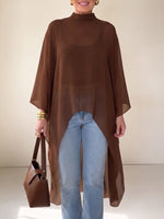 Elegantes Chiffon-Cape-Top mit asymmetrischem Stehkragen
