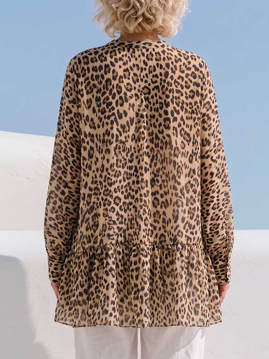 Damen Chiffon-Top mit Leopardenmuster, V-Ausschnitt, langen Ärmeln und lockerem, lässigem Schnitt