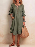 Vestido casual suelto de algodón y lino para mujer, de color sólido, con escote en V y manga 3/4