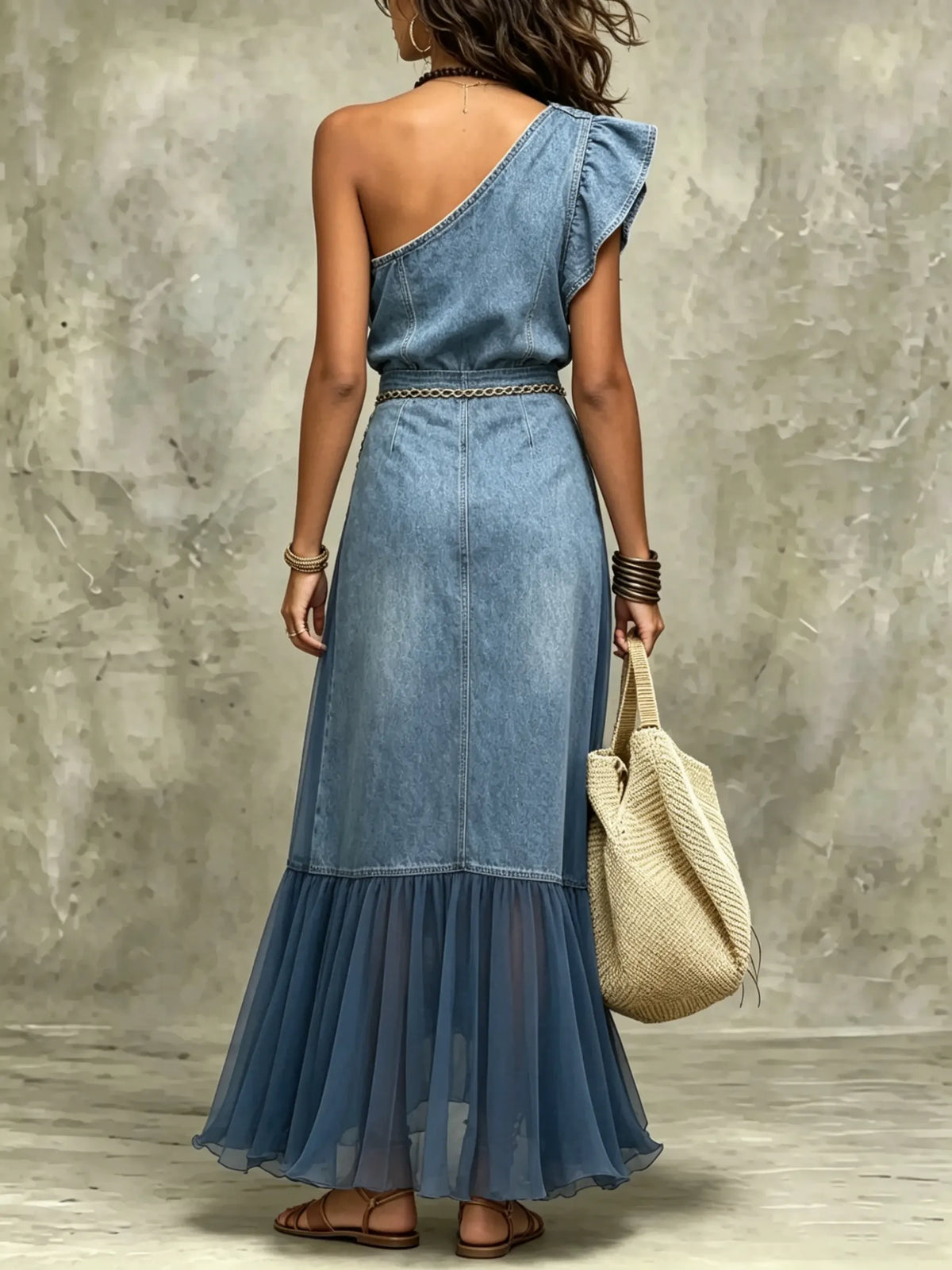 Maxikleid für Damen mit einer Schulter, aus Denim und Chiffon, plissiert