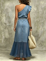 Maxikleid für Damen mit einer Schulter, aus Denim und Chiffon, plissiert
