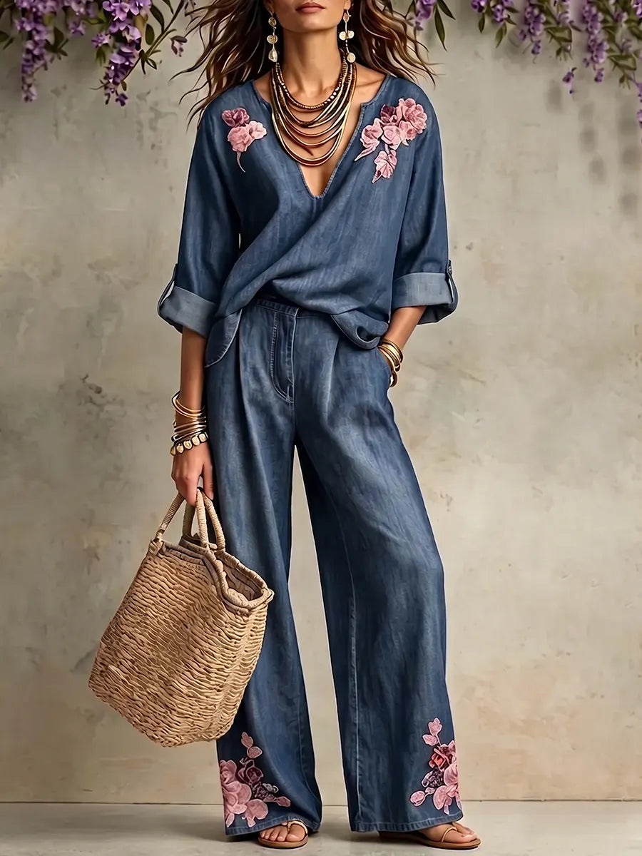 Conjunto de dos piezas de mezclilla Tencel bordado con flores estilo boho-chic