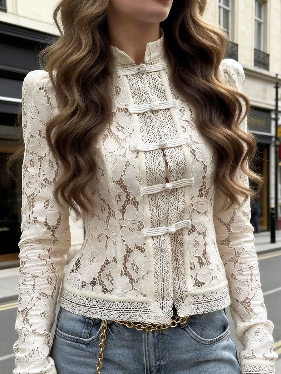 Damen Retro Blumen Spitzen Hohles Kunst Freizeit Stilvolles Langarmshirt