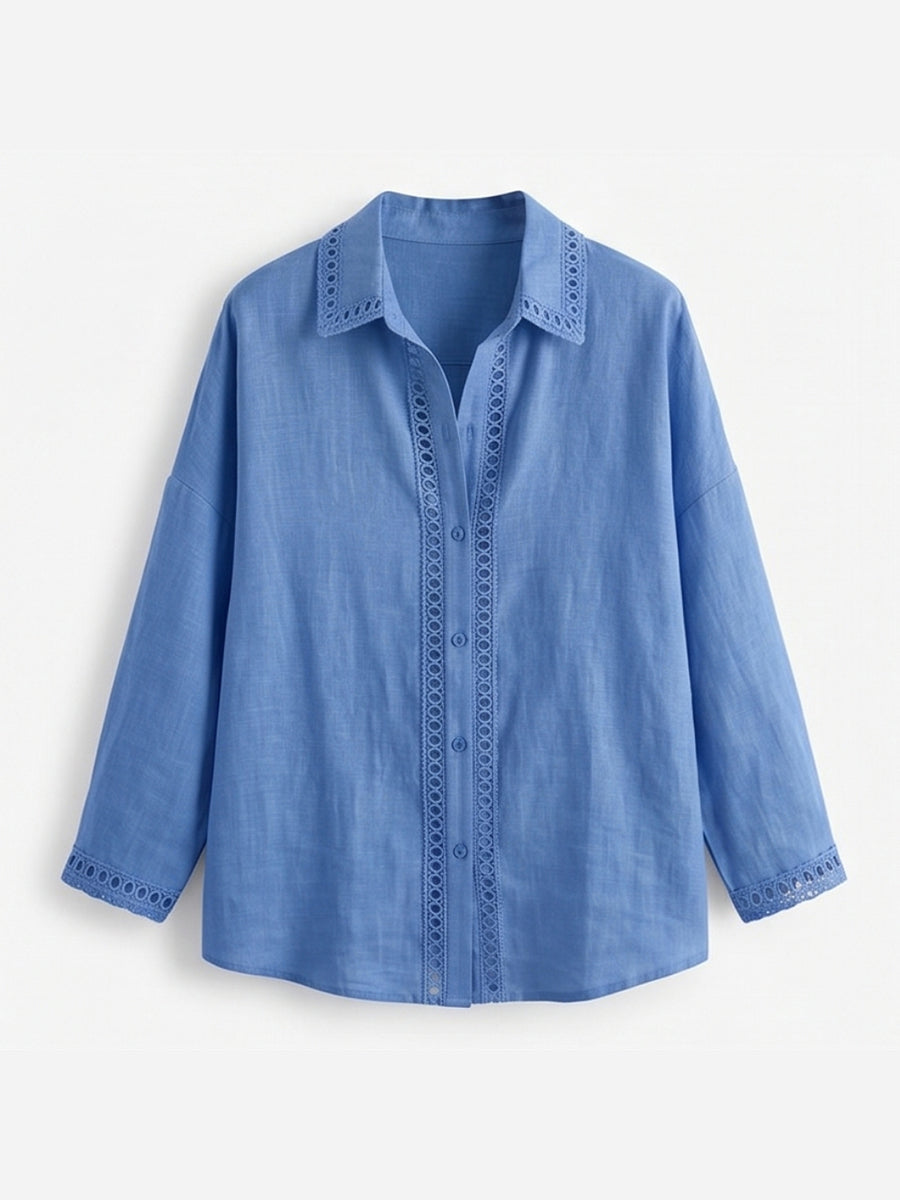 Camicia casual a maniche lunghe in lino e cotone con inserto in nastro traforato