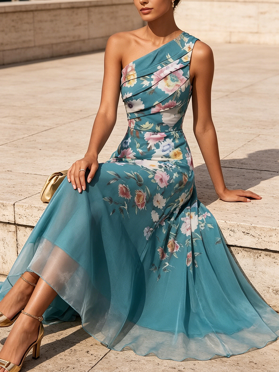 Elegantes Midikleid mit Blumenmuster und schulterfreiem Design für die Urlaubsparty