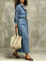 Damen Maxikleid aus Denim mit transparenten Ärmeln und Schlitz