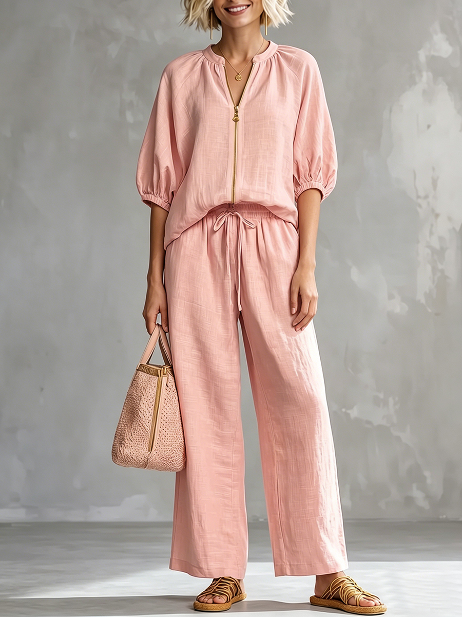Set due pezzi elegante e comodo: camicia e pantaloni a gamba larga in lino e cotone