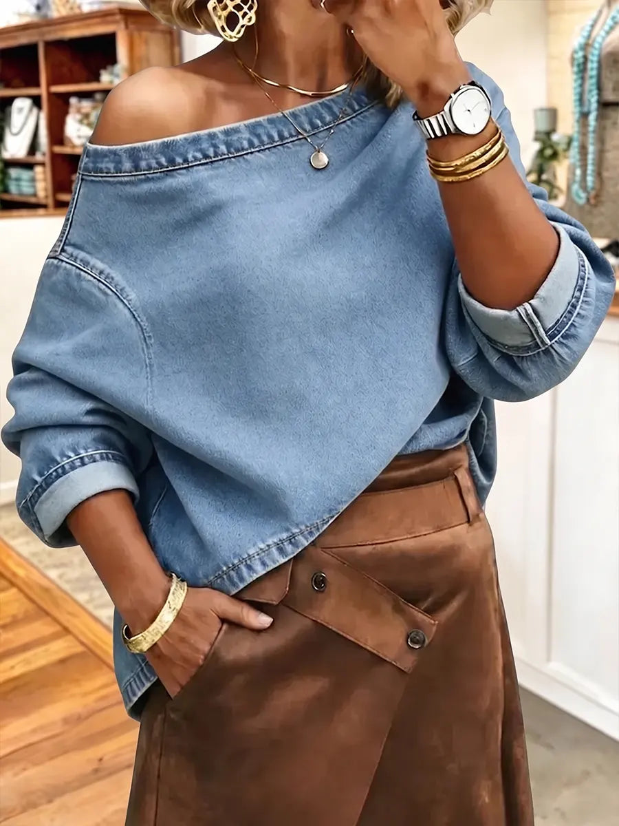 Schickes lässiges Denim-Pullover-Top mit schulterfreiem Schnitt
