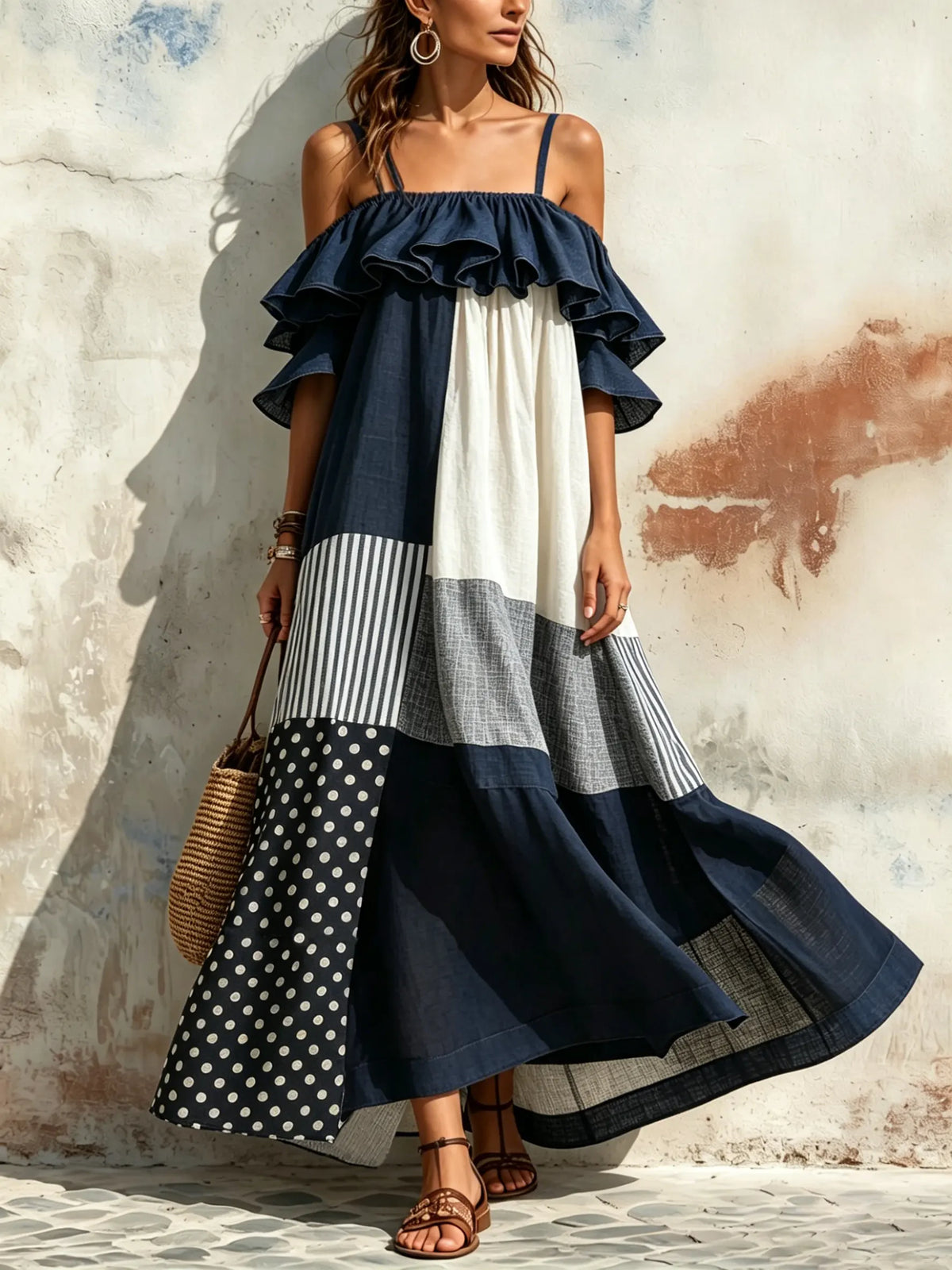 Maxikleid für Damen mit Polka-Dots, Streifen, Farbblock, Rüschen, schulterfrei und Spaghettiträgern