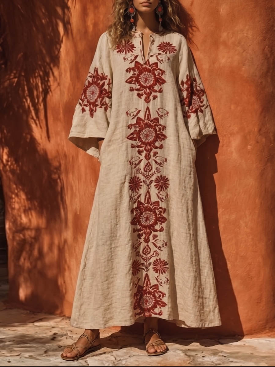 Damen Freizeitkleid aus lockerem Baumwoll-Leinen mit V-Ausschnitt und langem Arm, mit platziertem Druck