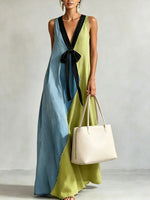 Vestido maxi de mezclilla para mujer con bloque de color azul y verde, lazo y escote en V
