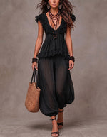 Completo donna stile bohemien con top in pizzo e pantaloni harem