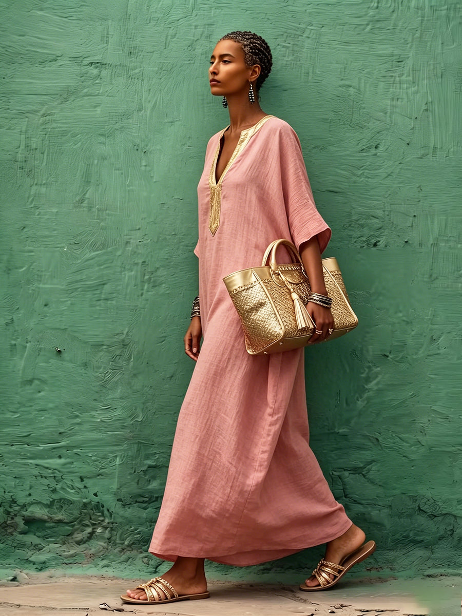 Vestido maxi bohemio de algodón y lino con escote en V color dorado