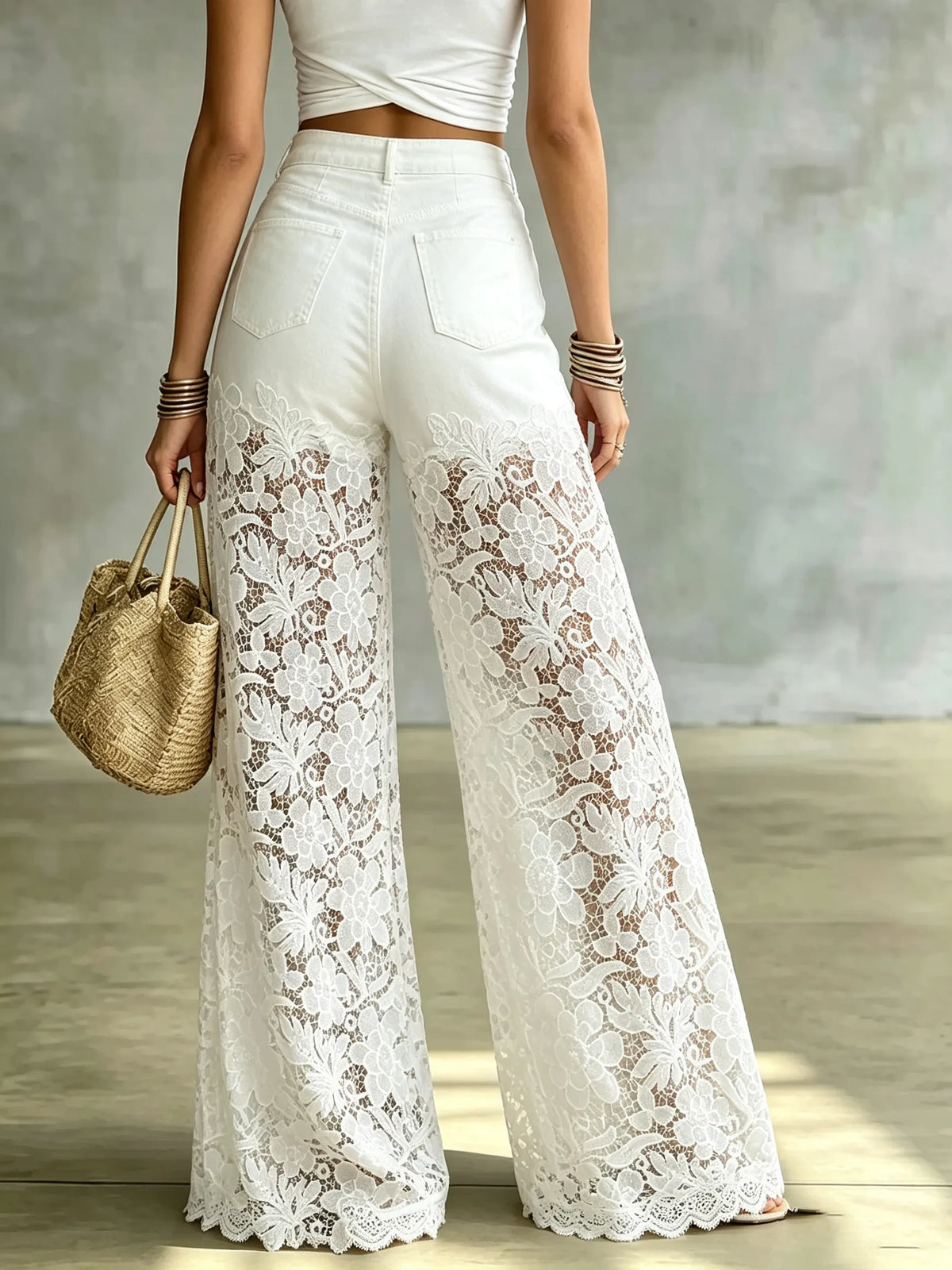 Damen Jeans- und transparente Spitzenhose mit weitem Bein