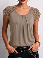Women's Solid-color Crew Neck Short-sleeve Casual Loose Lace-panel Top