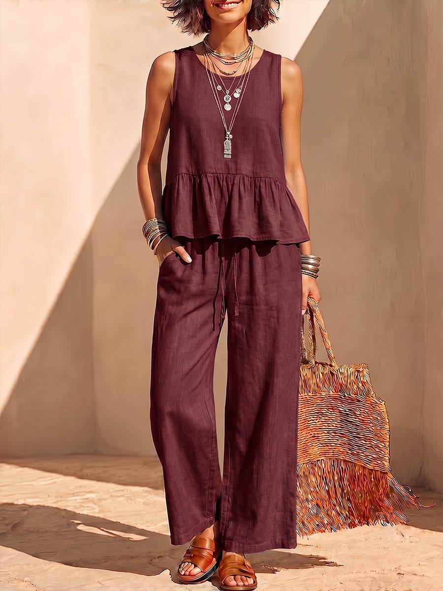 Conjunto para mujer de algodón y lino de color sólido: blusa sin mangas con cuello redondo y ajuste holgado, y pantalones de pierna ancha de talle alto.