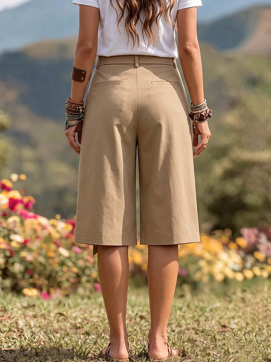 Damen einfarbige, hoch taillierte, lässige, weite Shorts in Kniehöhe