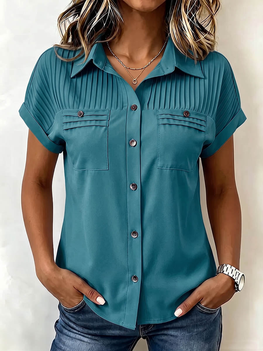 Damen T-Shirt aus Baumwoll-Leinen in Uni-Farbe mit Reverskragen, Falten-Detail und lockerem, lässigem Schnitt