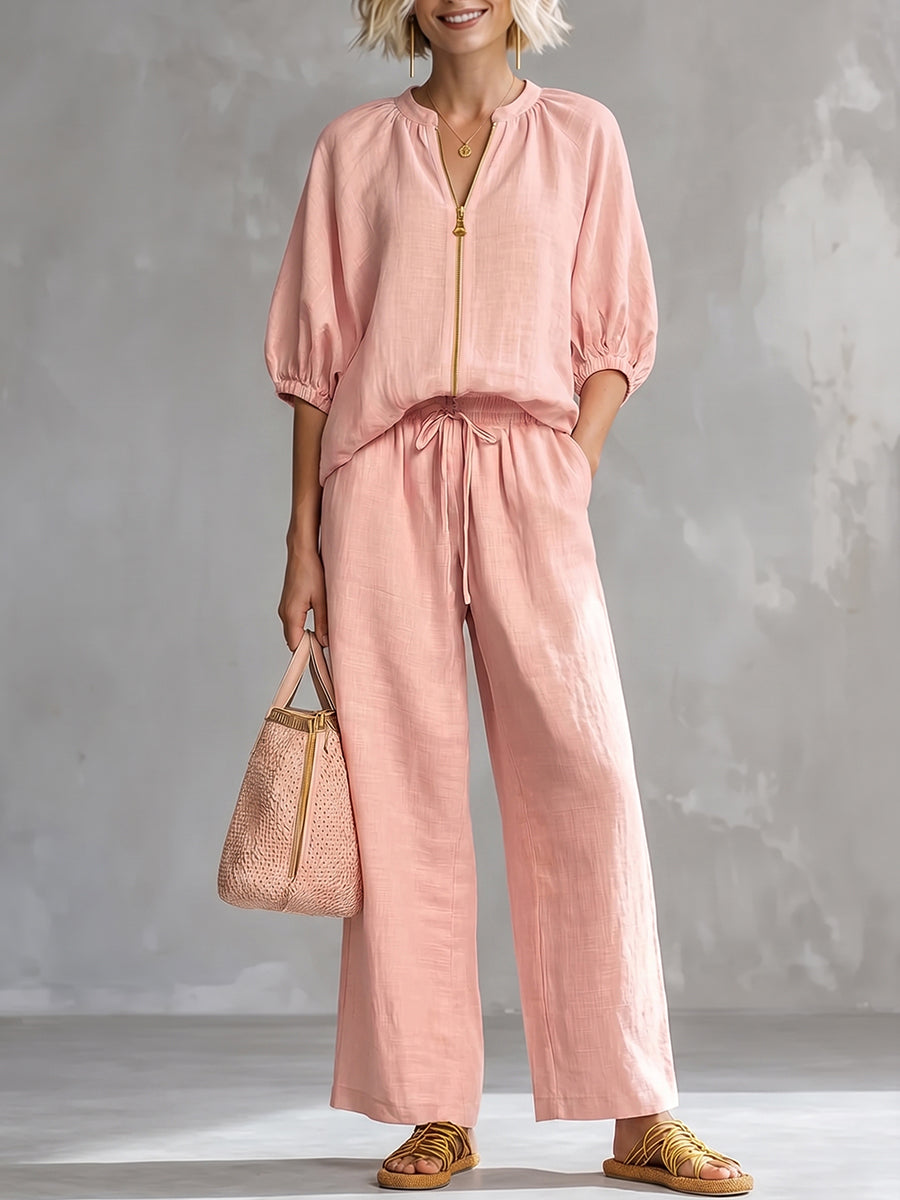 Set due pezzi elegante e comodo: camicia e pantaloni a gamba larga in lino e cotone