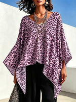 Leopardenmuster-Top mit rundem Ausschnitt, asymmetrischem Saum und Fledermausärmeln
